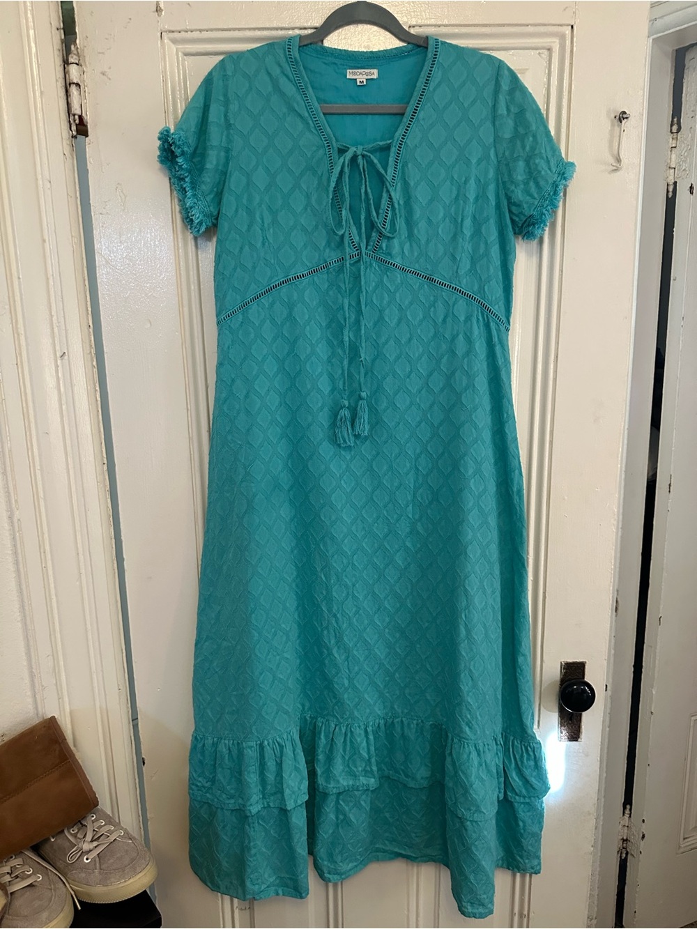 Teal cotton Textured Tie-Front Maxi Dress size M